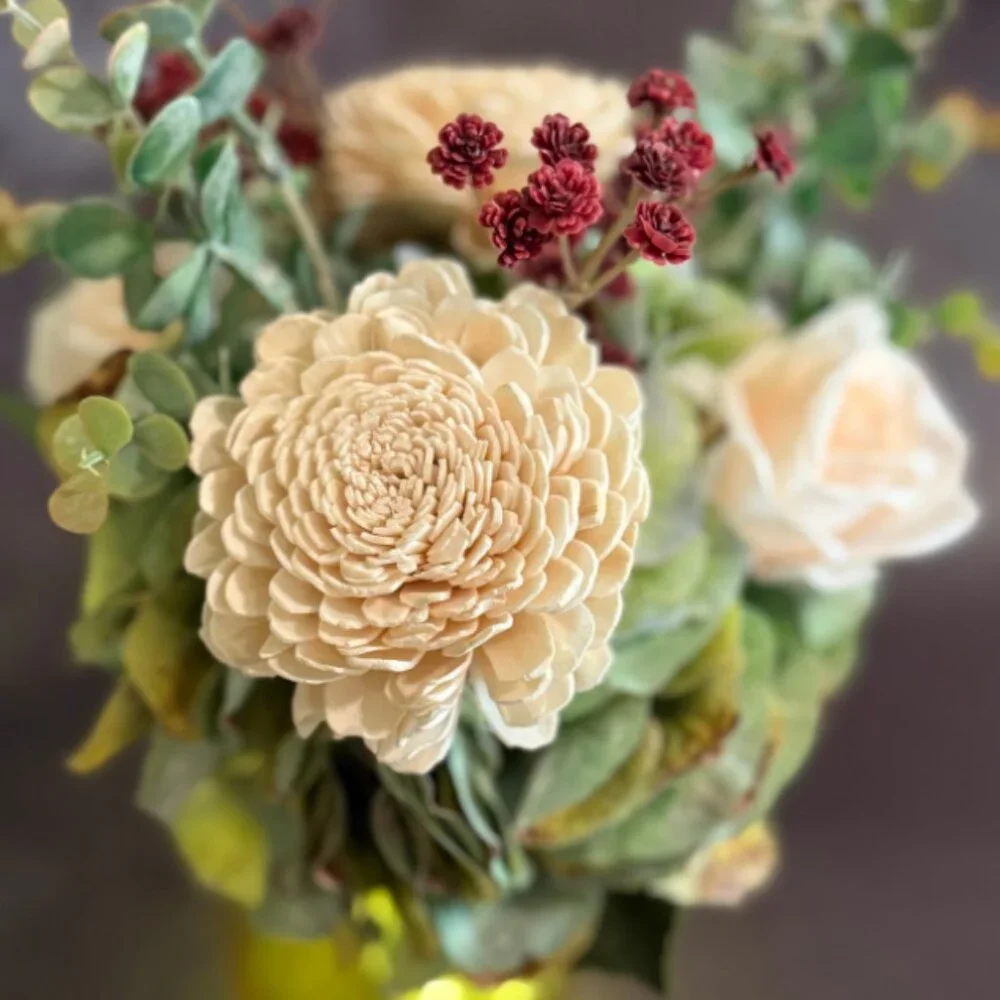 Farmhouse Wood Floral Arrangement in Mason Jar w/ LED Lights – Home Décor